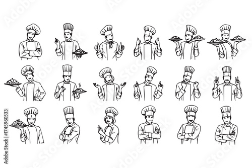 Set of chef illustrations demonstrating various cooking poses and actions, isolated on transparent background