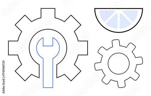 Gears and wrench symbolize teamwork, problem-solving, engineering. Lemon slice adds creativity, flavor balance. Ideal for innovation, team building, tech process, repair development customization