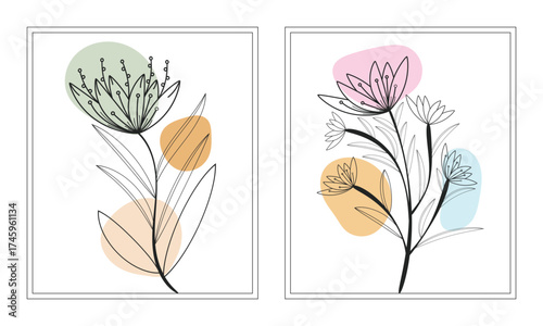 Framed Gallery Hand Drawn Leafy Leaves and Lotus Flowers Wall Art for Bedroom Living Room Office Decor