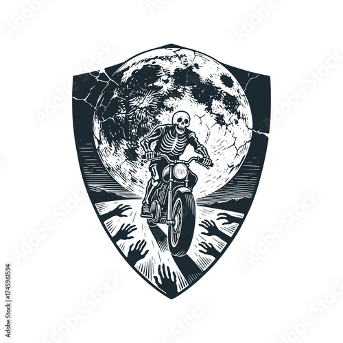 Disturbing engraving of skeletal biker riding toward a giant cracked moon. Black and White Icon Vector and Illustration