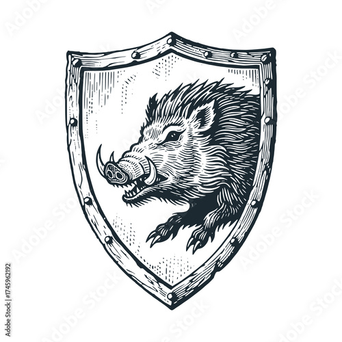 Medieval coat of arms featuring a fierce wild boar rampant – Black and White Icon Vector and Illustration