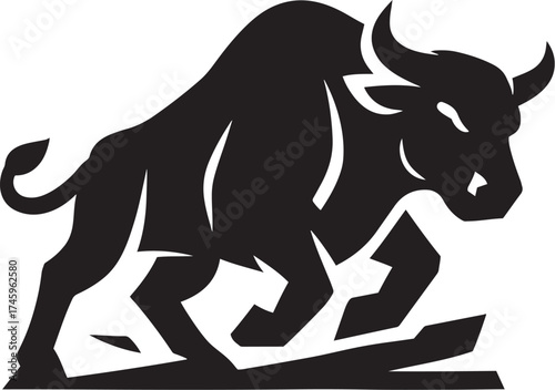 Black Silhouette of a Charging Bull or Taurus Mascot
