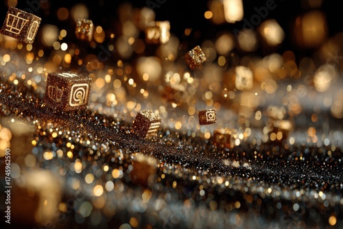 Floating Golden Cubes with Glowing Symbols on Dark Background