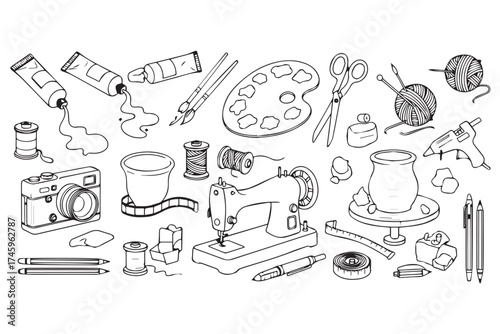 Art and craft supplies including sewing machine, paint tubes, camera, and yarn, isolated on transparent background