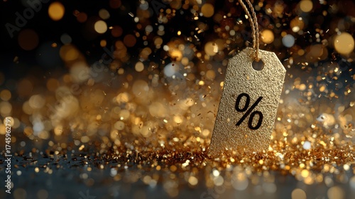 Shiny Discount Tag with Percentage Symbol and Golden Glitter Background