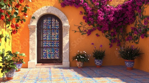 Mexican Hacienda - Talavera Tile & Bougainvillea: A vibrant Mexican hacienda courtyard, walls covered in colourful Talavera tiles, with bougainvillea flowers petrified into the stucco