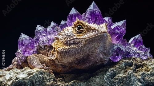 Horned Lizard, its horns appearing as miniature, perfectly formed amethyst crystals, surreal geode texture, crystal glow lighting, isolated macro