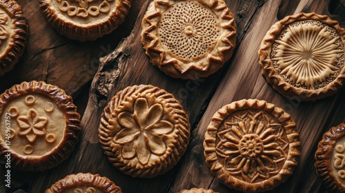 pies with crusts that have intricate, laser-etched festive patterns, on a rustic-futuristic wooden board, warm overhead light