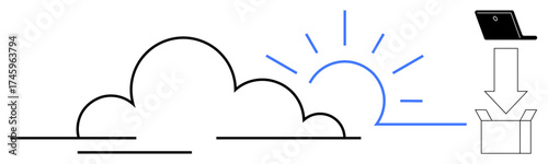 Sun rising behind a cloud, laptop linked with arrow pointing to an open box. Ideal for technology, cloud computing, data transfer, storage, online sharing, backup and innovation. Simple flat