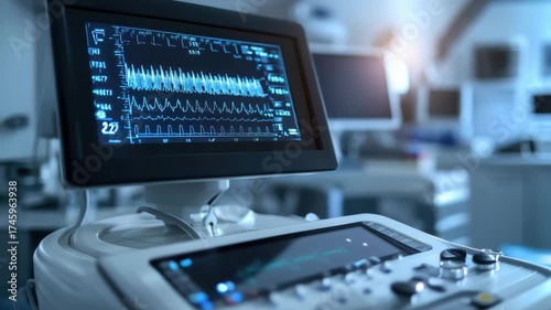 Medical diagnostic equipment displaying patient vitals on screen in hospital setting
