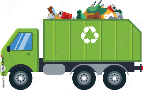 Cartoon Green Garbage Truck with Trash, Recycling Service Vehicle Clipart