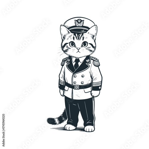 Adorable kitten wearing ship captain uniform – Black and White Icon Vector and Illustration
