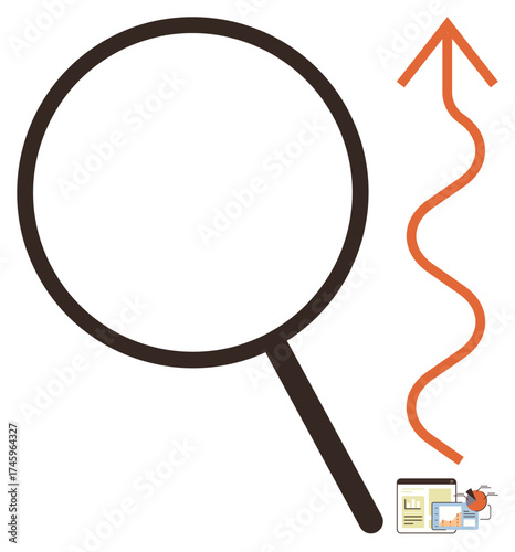 Magnifying glass emphasizes examination and details, paired with an upward arrow symbolizing progress. Ideal for research, analysis, success, growth, goals, achievements optimization. Simple flat