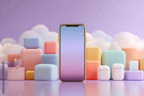 Modern Smartphone Surrounded by Colorful Abstract Geometry and Clouds