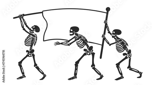 Three skeletons carrying blank flag Halloween march silhouette, Three skeletons in motion, carrying a large blank flag between two of them, suitable for Halloween