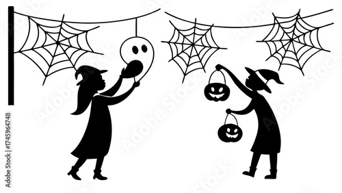 Halloween party invitation, Girls decorating Halloween spooky spider web ghost silhouette, two girls in witch hats decorating for Halloween, one hanging a ghost and the other placing jack-o'-lantern 
