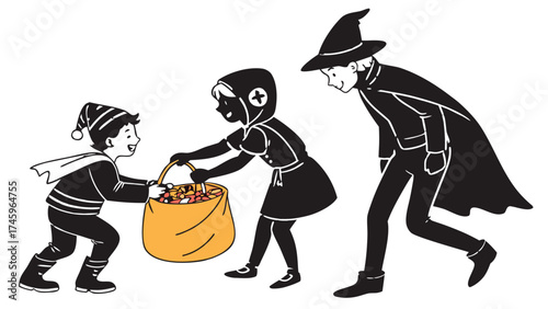 Kids trick or treating Halloween candy exchange silhouette, Partial orange highlights shows a child in costume receiving candy from another child, while a third child in a wizard costume