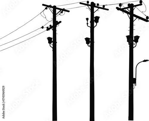 Silhouette utility poles with crossarms, insulators, transformers, streetlights, electrical components, power lines, energy distribution system, urban infrastructure illustration