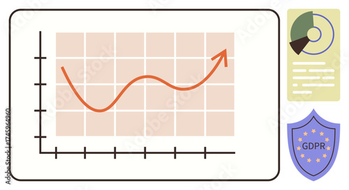 Line graph showcasing data trends, GDPR shield for data compliance, pie chart with document. Ideal for data protection, analytics, compliance, business growth, privacy, security simple flat metaphor