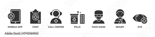 Connecting Health, Protection, and Care Icons set vector illustration glyph with Mobile app, Cost, Call center, Pills,  Face mask, Injury, Eye