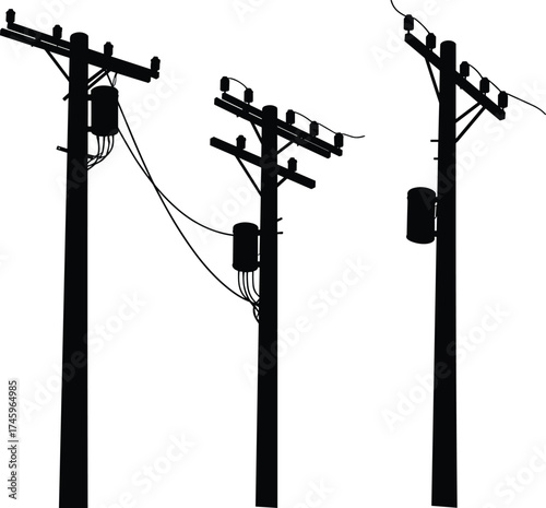 Silhouette utility poles with transformers, crossarms, insulators, electrical components, power lines, energy distribution system, urban infrastructure, electricity grid illustration