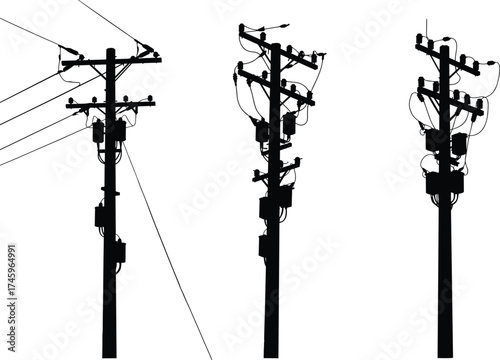 Silhouette utility poles with transformers, crossarms, insulators, electrical components, power lines, energy distribution system, urban infrastructure, electricity grid illustration