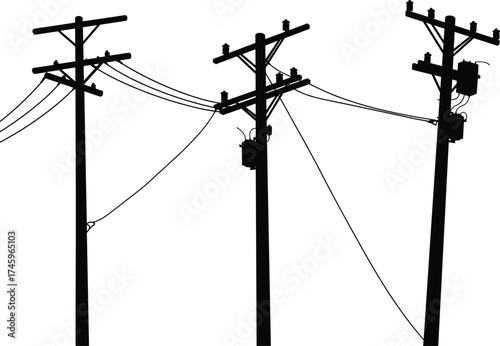 Silhouette utility poles with transformers, crossarms, insulators, electrical components, power lines, energy distribution system, urban infrastructure, electricity grid illustration