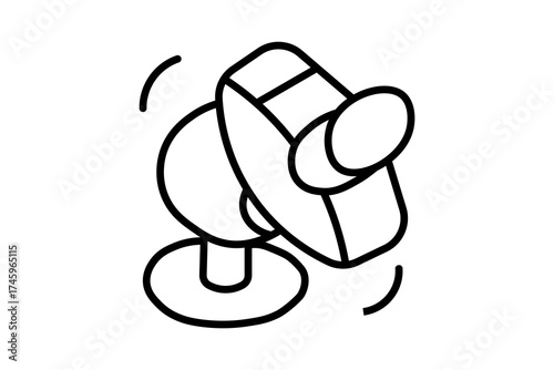 The image shows a black-and-white line illustration of a satellite dish antenna. It is depicted in an isometric style, facing upward as if receiving or transmitting signals