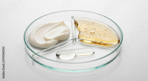 Close-up of skincare products in a glass dish.