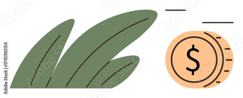 Green leaves beside a moving coin represent eco-friendly business, renewable investment, and sustainability. Ideal for finance, ecology, innovation, economy, growth, environment