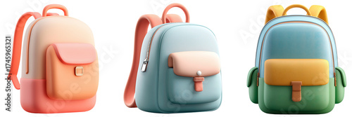 Set of Three Minimalist Pastel 3d Backpacks for School Supplies