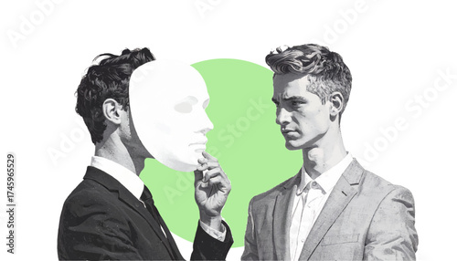 Business Scam Trust Disguise Concept – Two Men Meeting, One has mask