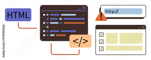 Code editor with lines of code, HTML tag, URL bar, warning sign, and browser layout. Ideal for programming, web design, development, coding technology error debugging simple flat metaphor