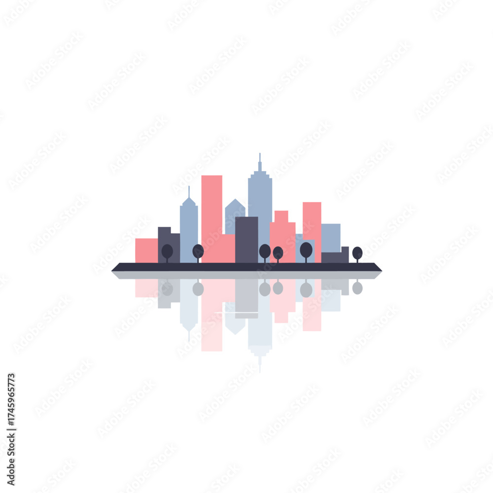Naklejka premium Minimalist Geometric Cityscape Silhouette with Water Reflection and Pastel Color Theme