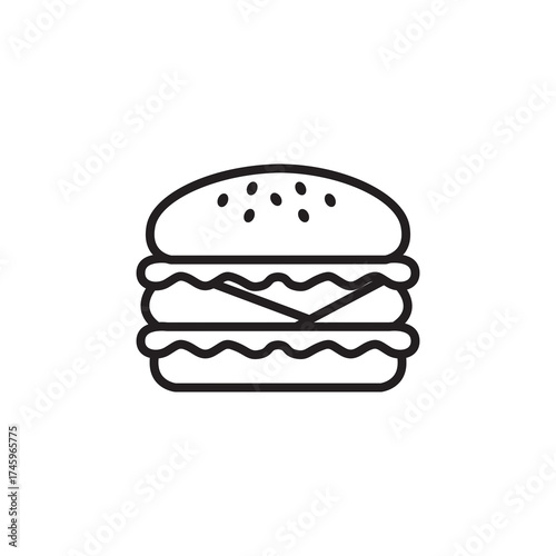 Minimalist Outline Delicious Burger with Cheese Layer Fast Food Icon