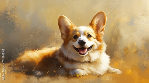 A Corgi mid-sploot, its fur a warm golden tan, expression of pure contentment, soft, playful lighting