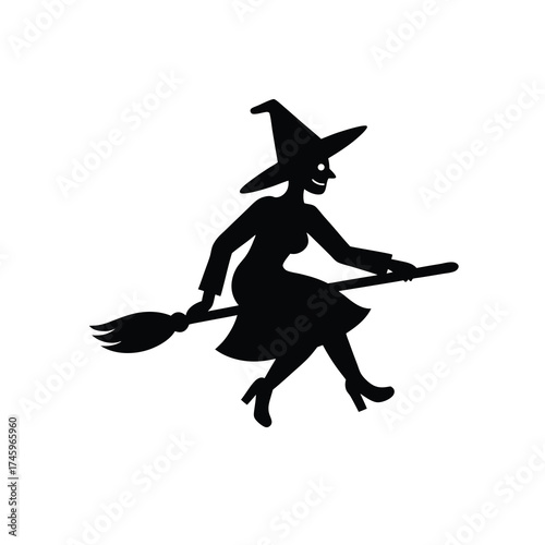 Flying Witch Silhouette with Pointed Hat and Broomstick
