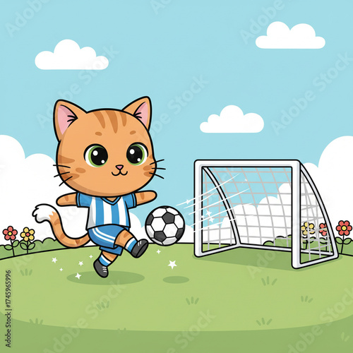 Cartoon cat plays soccer on a field near the goal