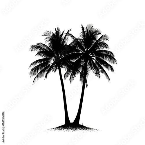 Silhouette of two palm trees on a small mound of dirt