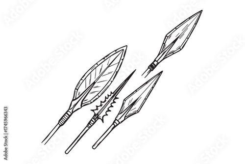 Handdrawn illustration of four ancient spears with detailed tips isolated on transparent background