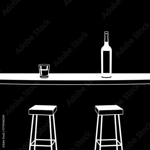 A minimalist illustration of a bar counter with a bottle and a glass, set against a with two stools in the foreground