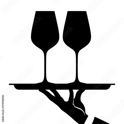 Two wine glasses on a tray held by a hand