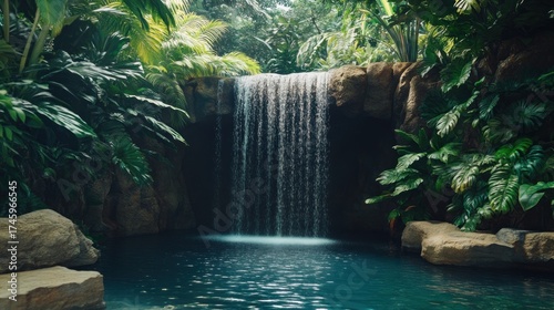 A hidden waterfall inside a jungle cave, water plunging into a pool surrounded by lush, shade-loving plants, tropical paradise