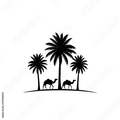 Silhouette of two camels walking under palm trees