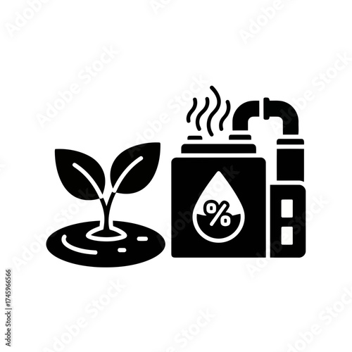 Biotechnology concept, plant sprout growing next to industrial equipment with a drop and percentage symbol