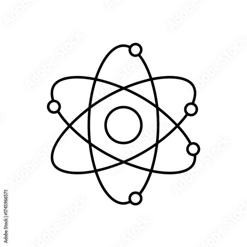 Simple black and white illustration of an atom with electrons orbiting the nucleus