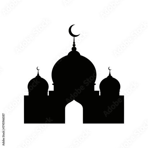 Silhouette of a mosque with domes and a crescent moon