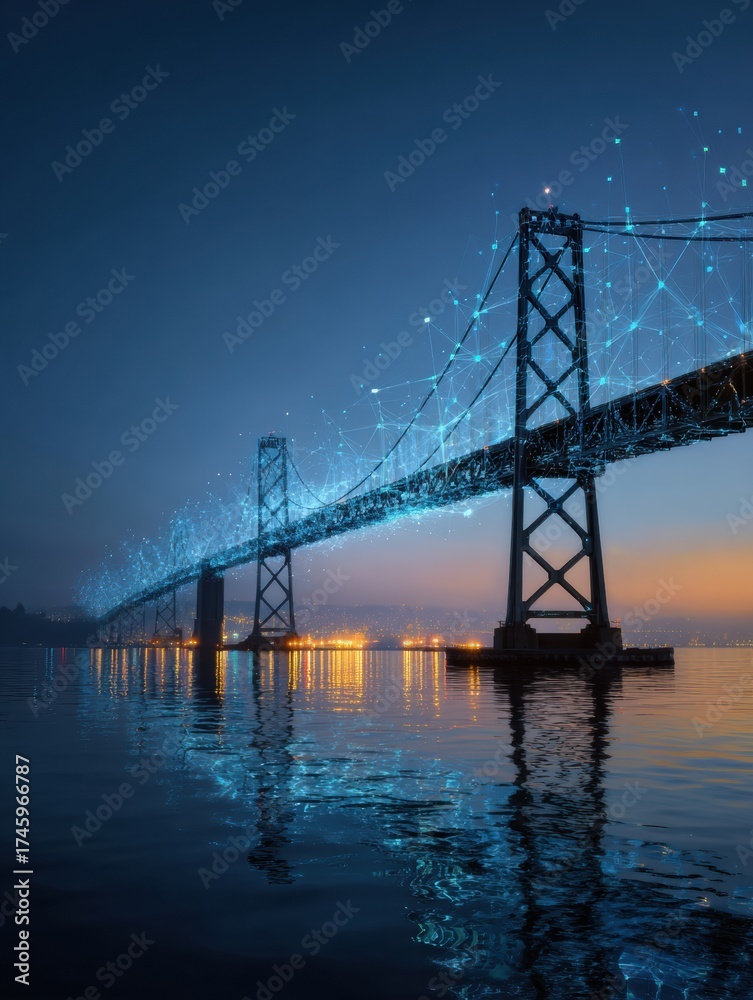 Fototapeta premium Bridge Illuminated by Digital Lights Over Water at Dusk, Showcasing Vibrant Colors and Reflections Against the Skyline