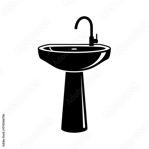 A black and white illustration of a pedestal sink with a faucet, isolated on a