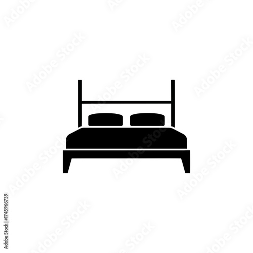 Simple black icon of a bed with pillows and a headboard